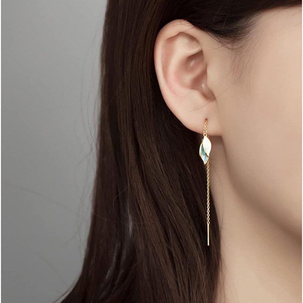 Solid 925 Sterling Silver Leaf Chain Dangle Earri… - image 3